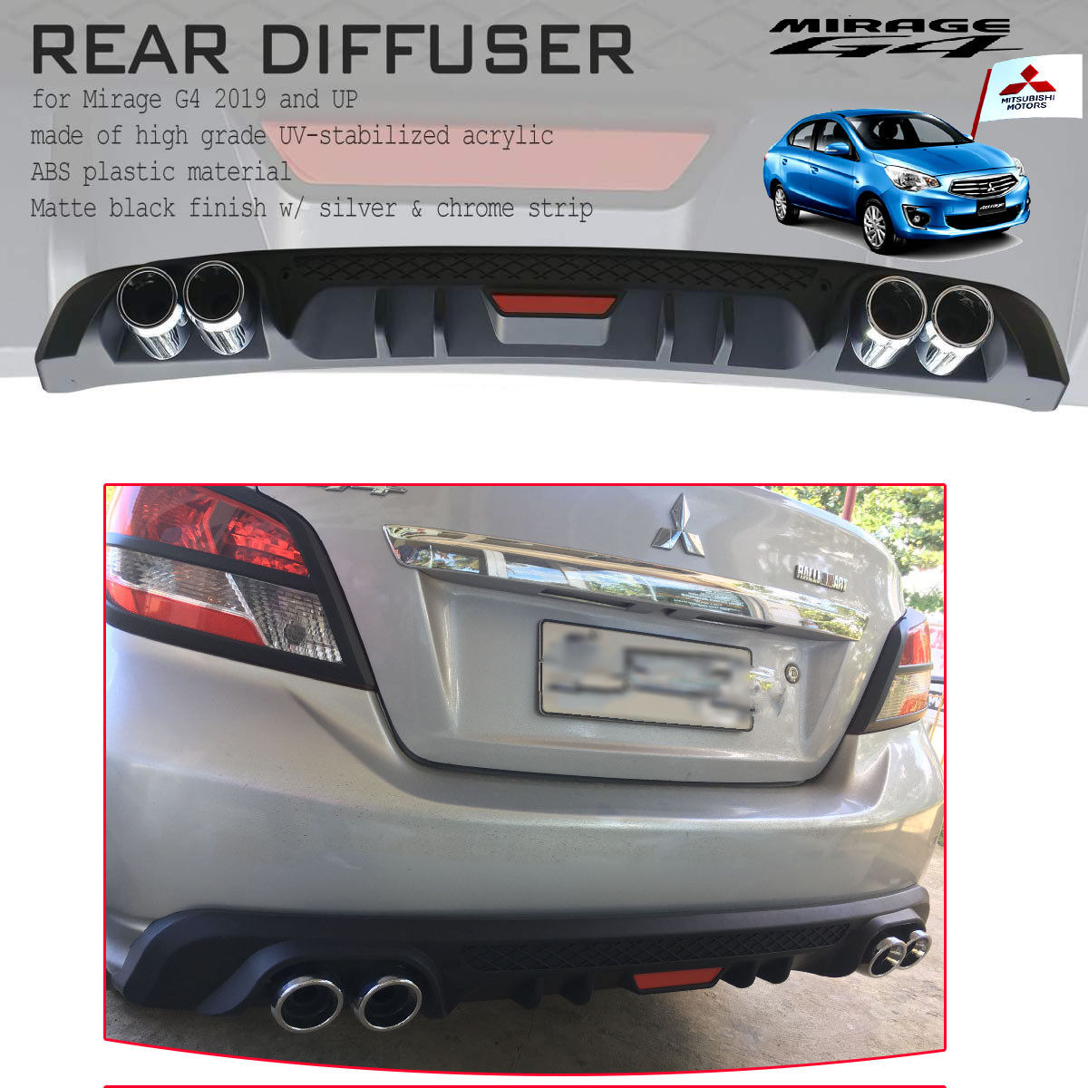 CDMRL-009B Mitsubishi Mirage G4 2019-2021 Rear Bumper Diffuser Black with muffler designed