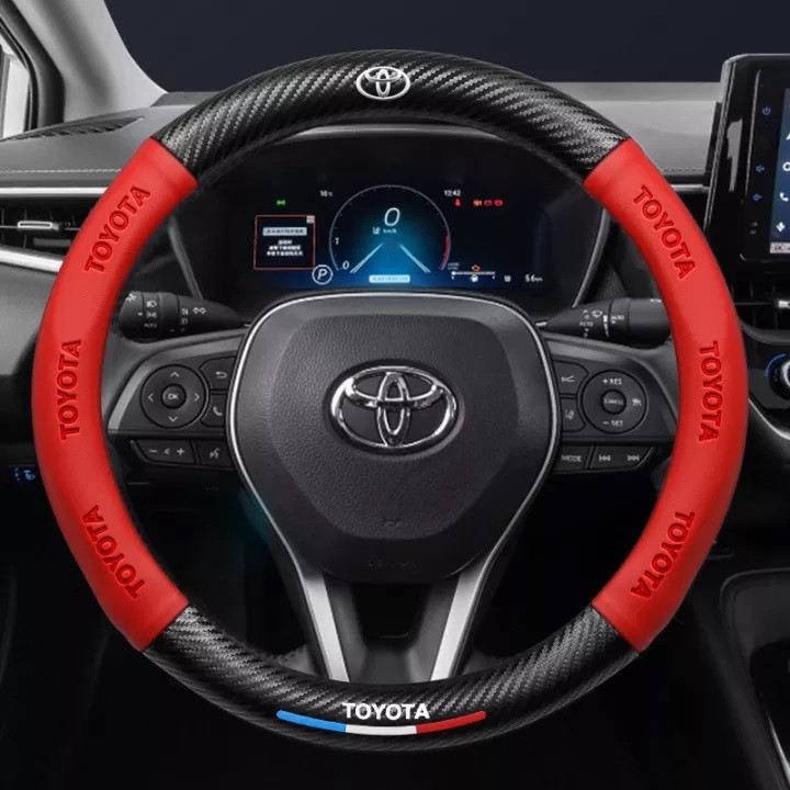 RED TOYOTA 38cm 3D Relief Carbon Fiber Leather Car Steering Wheel Cover Embossed Logo