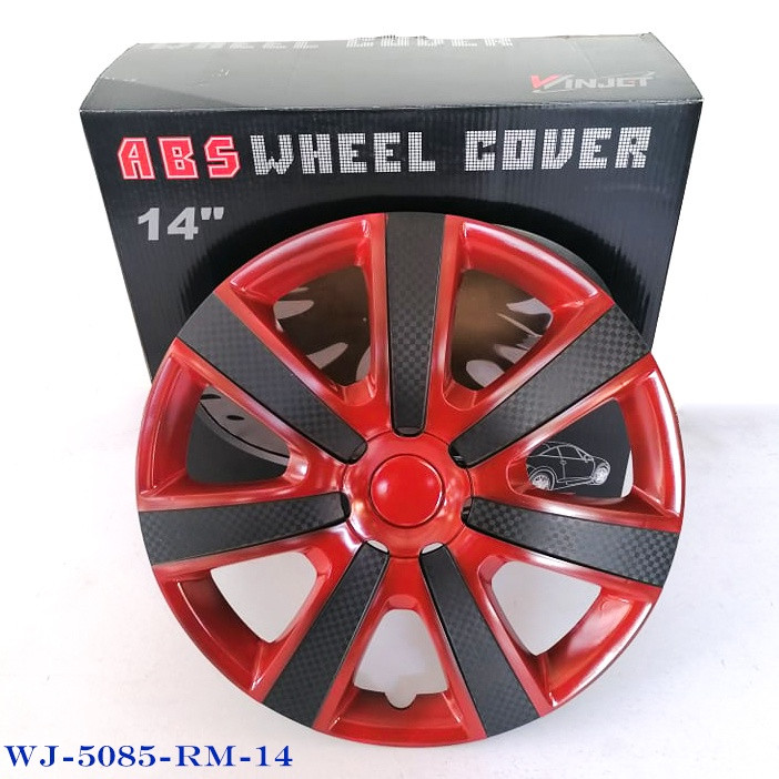 14" WJ-5085-RM-14 inches Red and Carbon 4Pcs Hub Caps Wheel Cover Car Wheel Rim Hub Cover Rim Cover