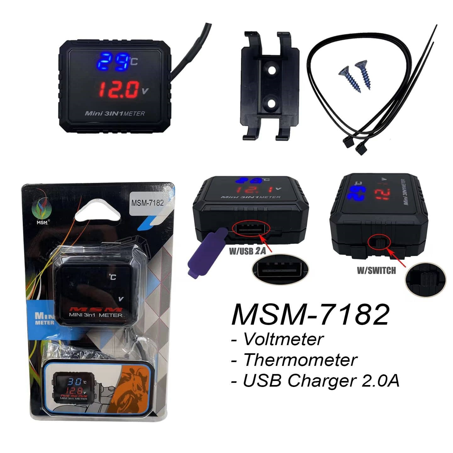 MSM-7182 CAR MOTORCYCLE VOLTMETER THERMOMETER USB CHARGER 2.0A MINI 3IN1 METER