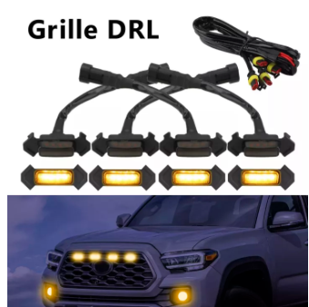 YELLOW Car LED Grille 12v Lights 4Pcs/Set with Wiring Harness Kit Front Grills Lighting for Honeycomb Mesh Grill