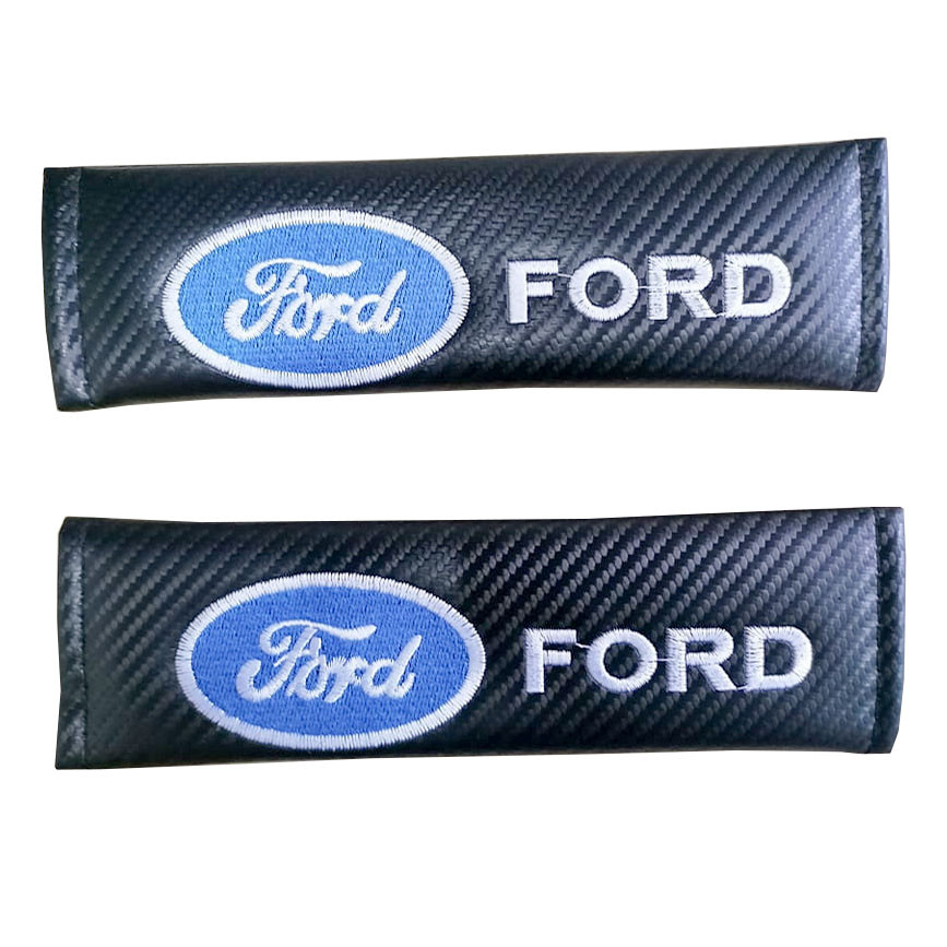 2pcs FORD white Letter Car Seat Belt Shoulder Pad Carbon Fiber Sports Design Seat Belt Cover
