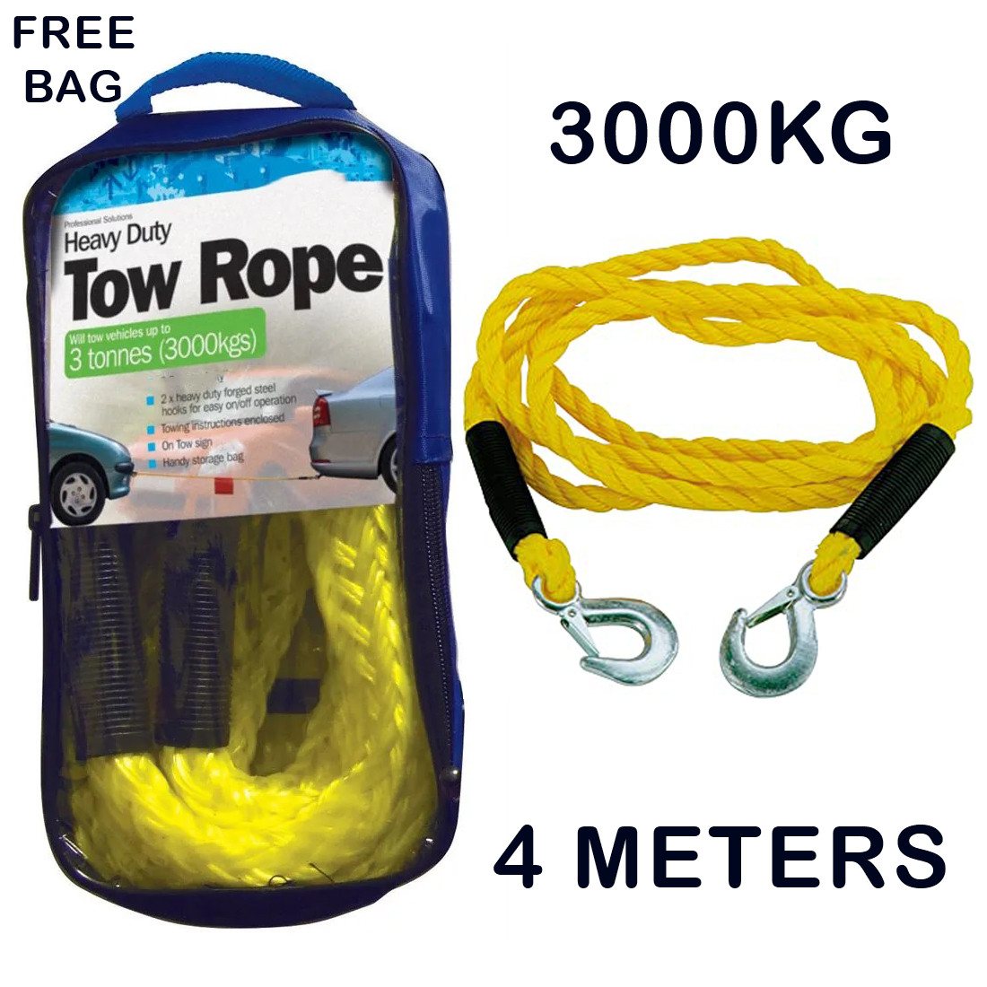 EURO R SPORTS Emergency Tow Rope 4 meters Capacity 3000 kgs nylon rope yellow Heavy Duty Universal Car