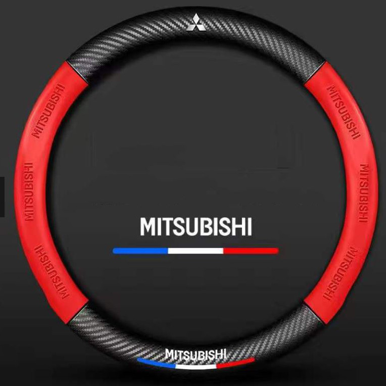 RED MITSUBISHI 38cm 3D Relief Carbon Fiber Leather Car Steering Wheel Cover Embossed Logo