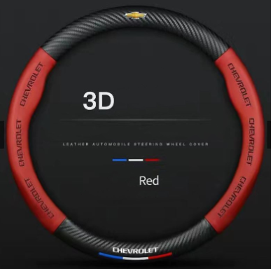 RED CHEVROLET 38cm 3D Relief Carbon Fiber Leather Car Steering Wheel Cover Embossed Logo