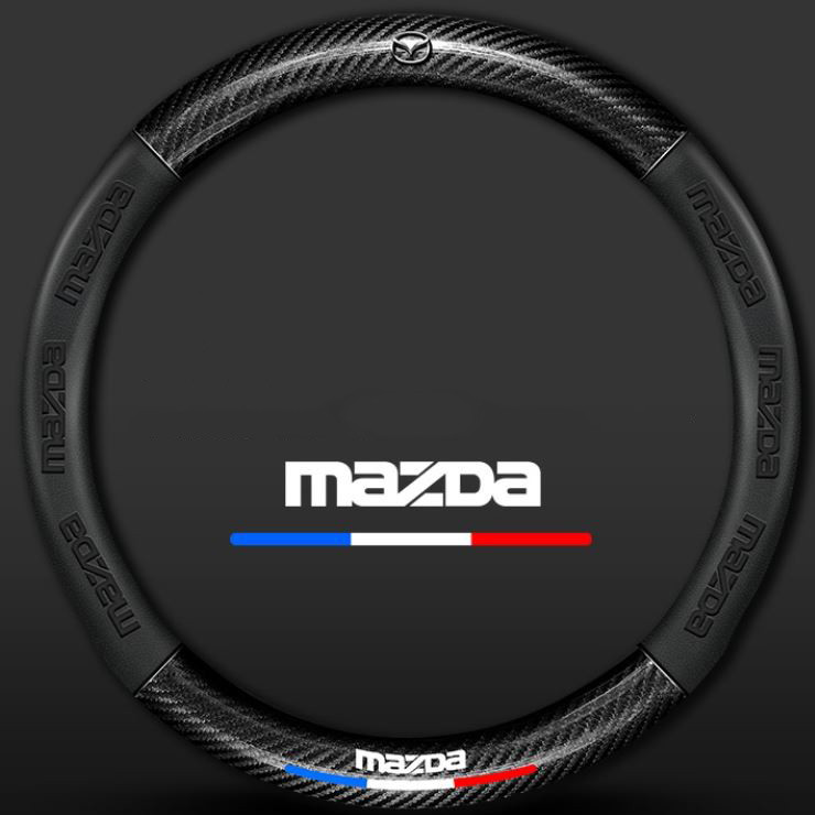BLACK MAZDA 38cm 3D Relief Carbon Fiber Leather Car Steering Wheel Cover Embossed