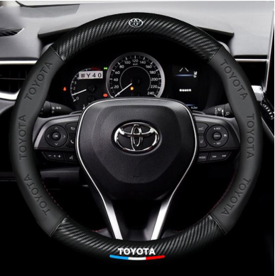 BLACK TOYOTA 38cm 3D Relief Carbon Fiber Leather Car Steering Wheel Cover Embossed Logo