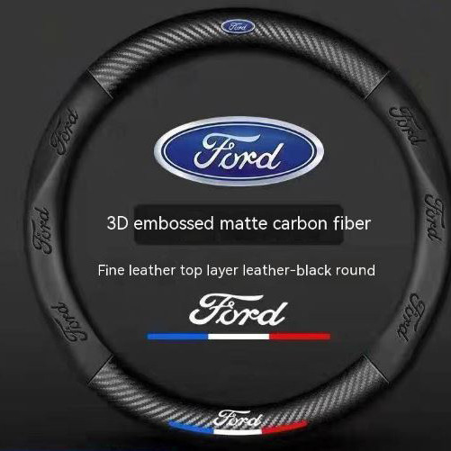BLACK FORD 38cm 3D Relief Carbon Fiber Leather Car Steering Wheel Cover Embossed Logo
