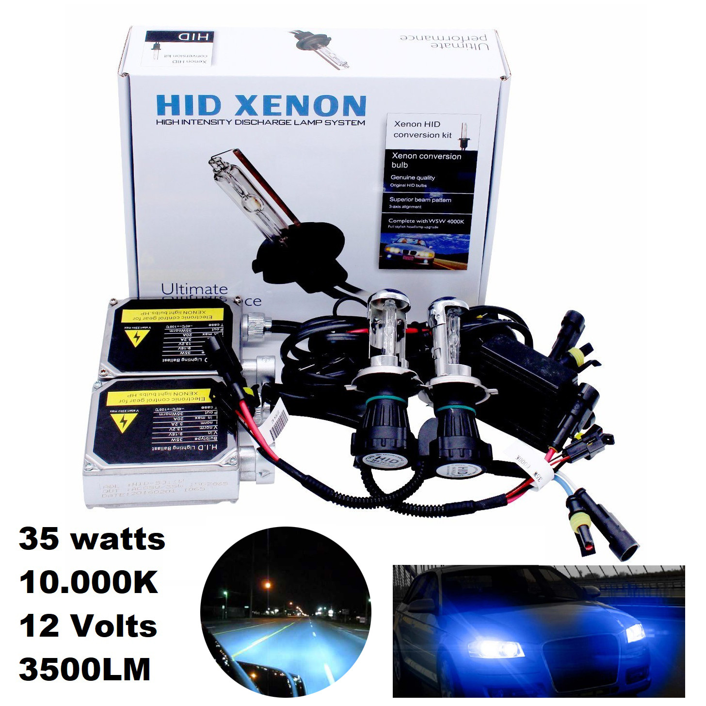 HID XENON KIT H4 HI/LO 35 WATTS 10000K 12V 100% ORIGINAL XENON HID BULB KIT SET