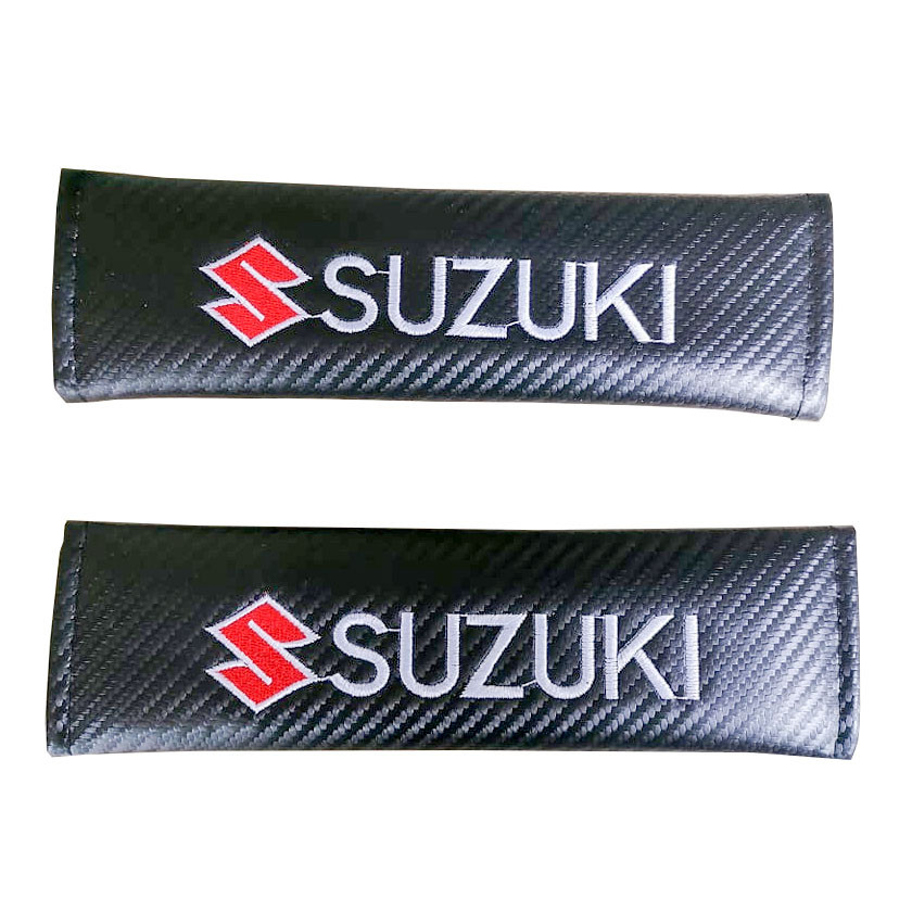 SUZUKI White Letter 2pcs Car Seat Belt Shoulder Pad Carbon Fiber Sports Design Seat Belt Cover