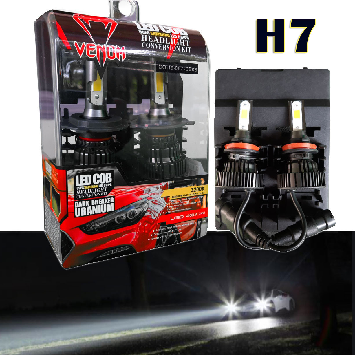 2pcs Car H7 Bulb LED 6k 48w Set Light Venom LED Dark Breaker Uranium Copper Ceramic Metal