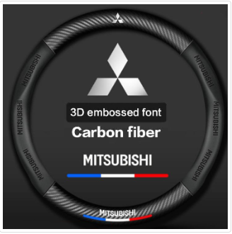 BLACK MITSUBISHI 38cm 3D Relief Carbon Fiber Leather Car Steering Wheel Cover Embossed Logo