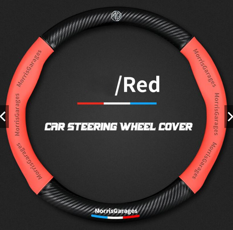 RED MG 38cm 3D Relief Carbon Fiber Leather Car Steering Wheel Cover Embossed Logo