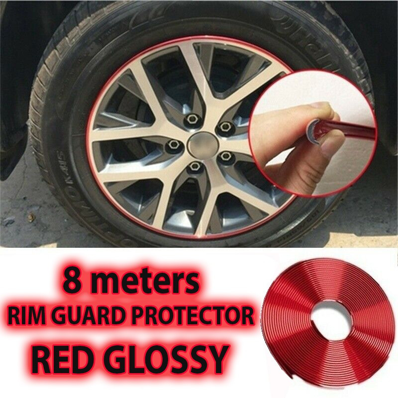 8m Car Wheel Hub Rim Edge Protector Ring Tire Guard Line Rubber Strip Red Glossy