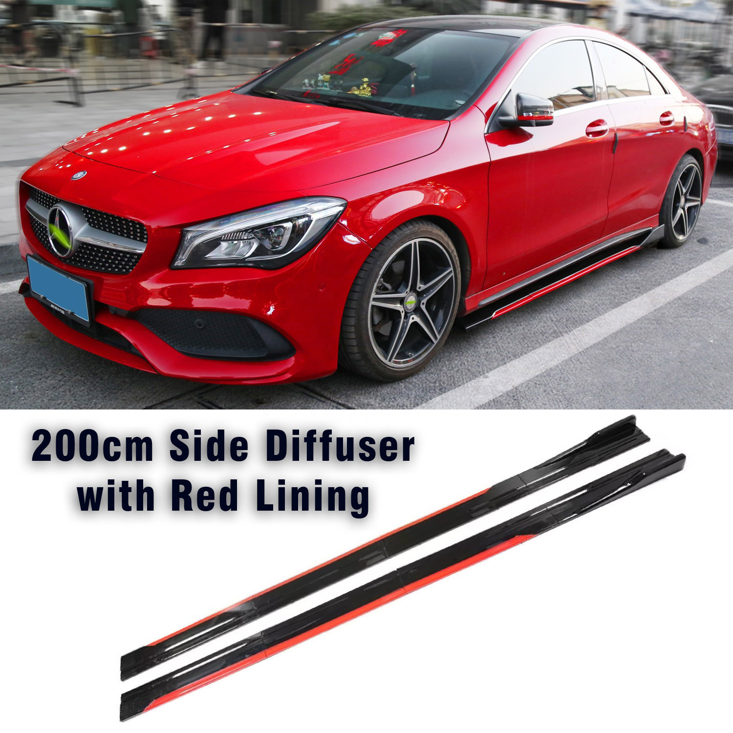 220cm Universal Side Skirt Extension Rocker Plate Lip Separator Bumper with Red Edge Lining